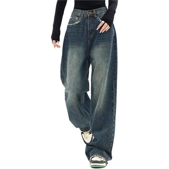 Women's Jeans High Waist Wide Leg Baggy Jeans Y2K Loose Vintage Denim Pants - Picture 1 of 8